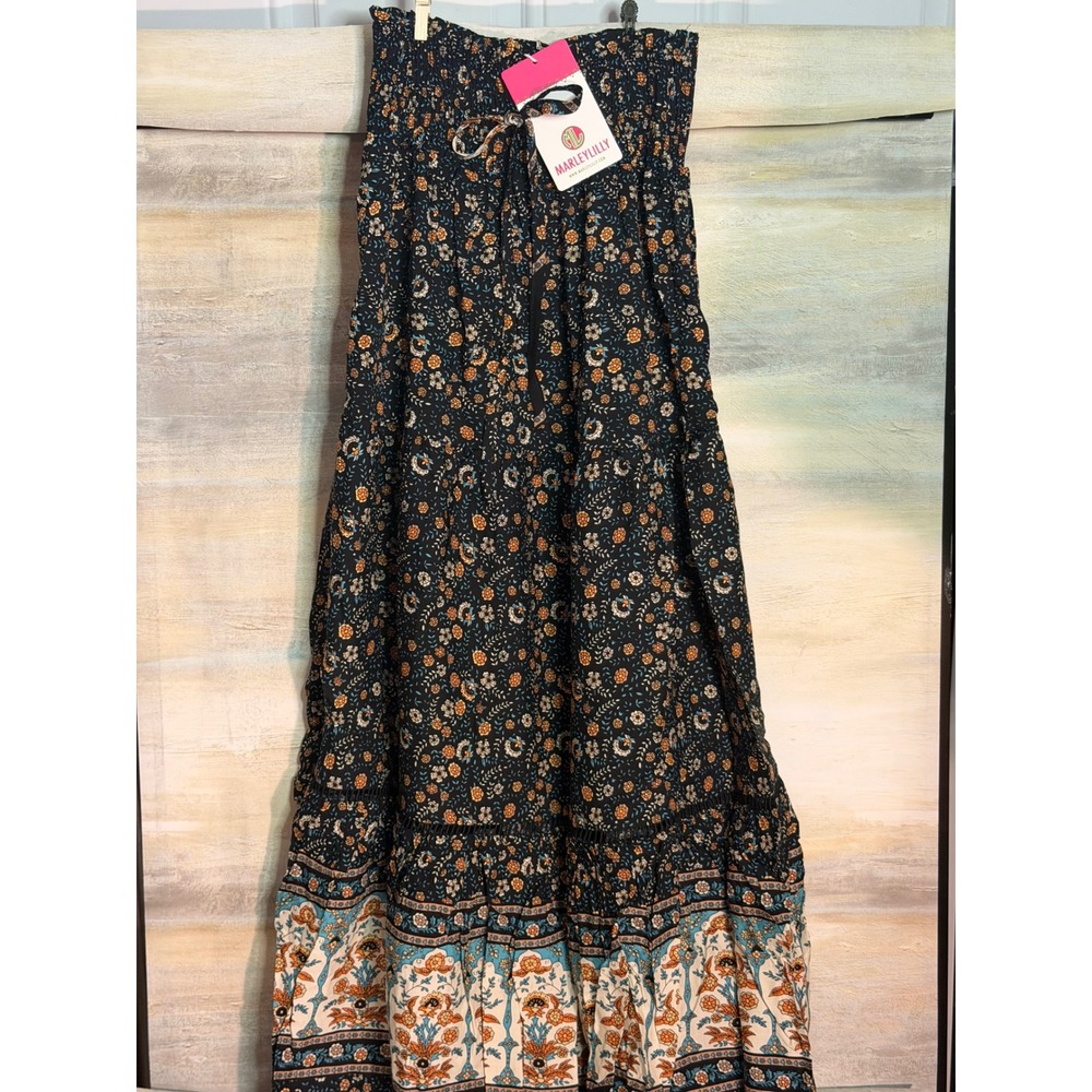 Marleylilly Floral Maxi Skirt Smocked Waist Tiered Boho Border Print Black S/M